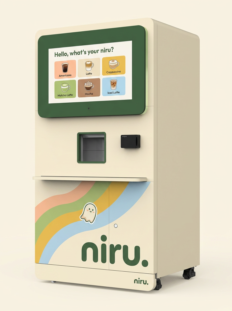 Niru smart beverage machine with vertical touchscreen in a bright Amsterdam café